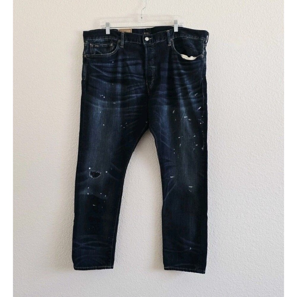 New-Polo Ralph Lauren Mens Sullivan Slim Paint Distressed Blue Denim Jeans 42x32